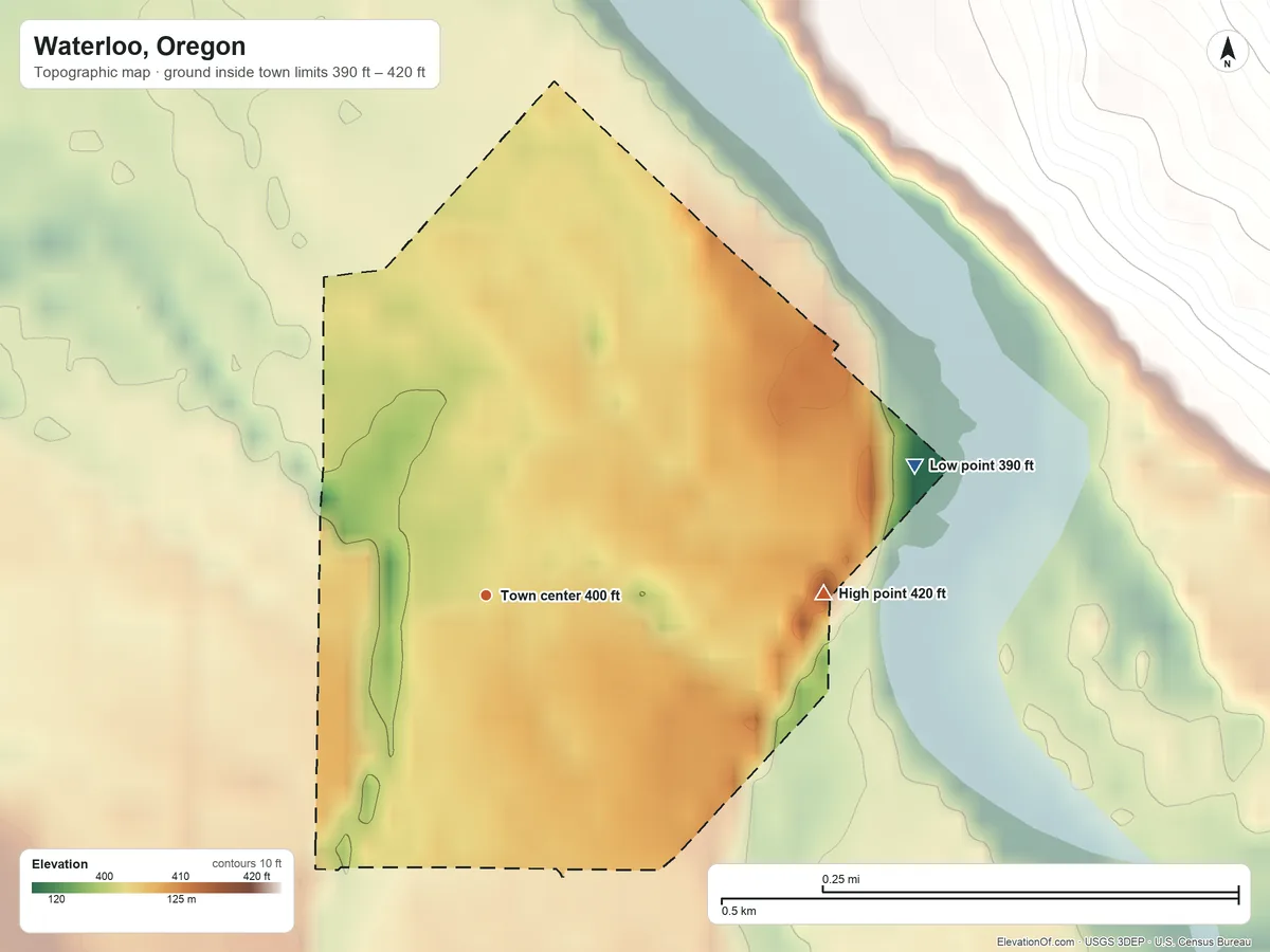 Topographic elevation map of Waterloo, Oregon, shaded from 390 ft on the east side to 420 ft on the east edge, below higher ground just outside