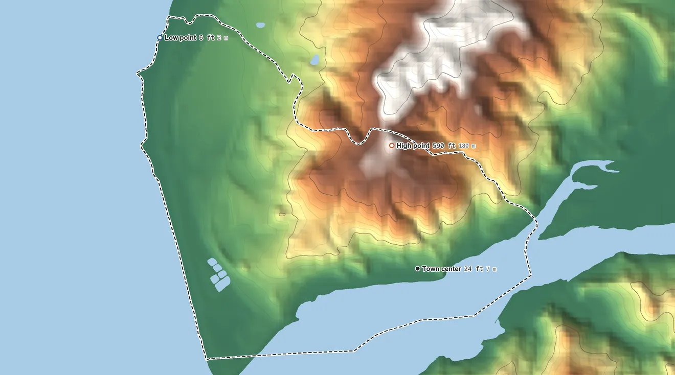 Topographic elevation map of Wedderburn, Oregon, shaded from 6 ft on the northwest side to 590 ft on the north edge, below higher ground just outside