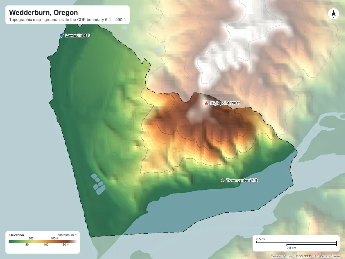 Topographic elevation map of Wedderburn, Oregon, shaded from 6 ft on the northwest side to 590 ft on the north edge, below higher ground just outside