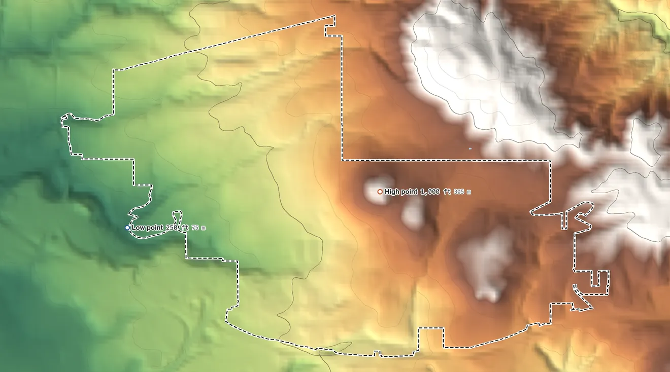 Topographic elevation map of West Haven-Sylvan, Oregon, shaded from 250 ft on the west side to 1,000 ft on the east side