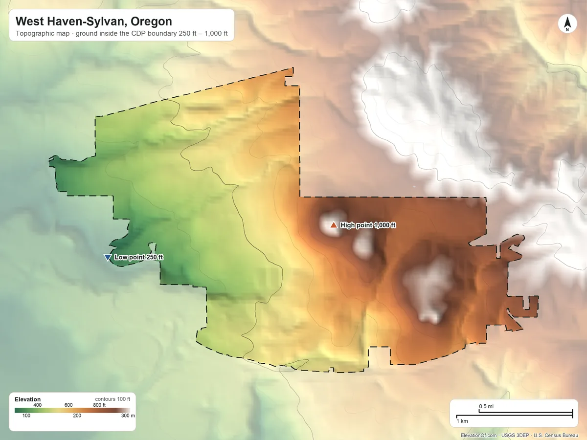Topographic elevation map of West Haven-Sylvan, Oregon, shaded from 250 ft on the west side to 1,000 ft on the east side