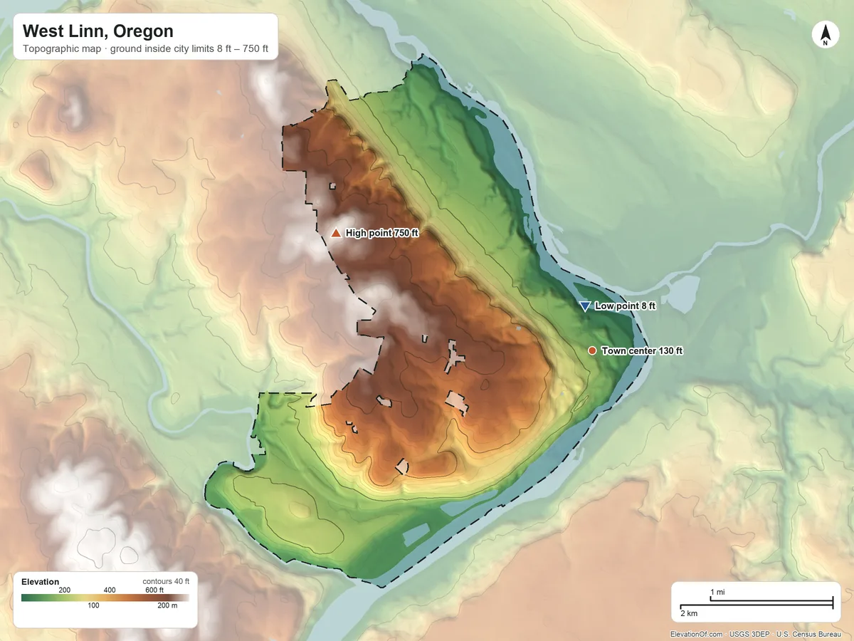 Topographic elevation map of West Linn, Oregon, shaded from 8 ft near the middle to 750 ft on the northwest side