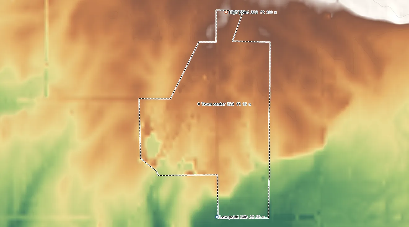 Topographic elevation map of West Scio, Oregon, shaded from 300 ft on the south side to 330 ft on the north side