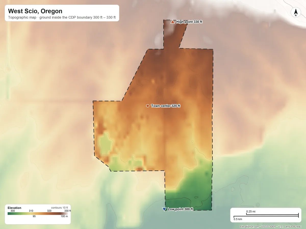 Topographic elevation map of West Scio, Oregon, shaded from 300 ft on the south side to 330 ft on the north side