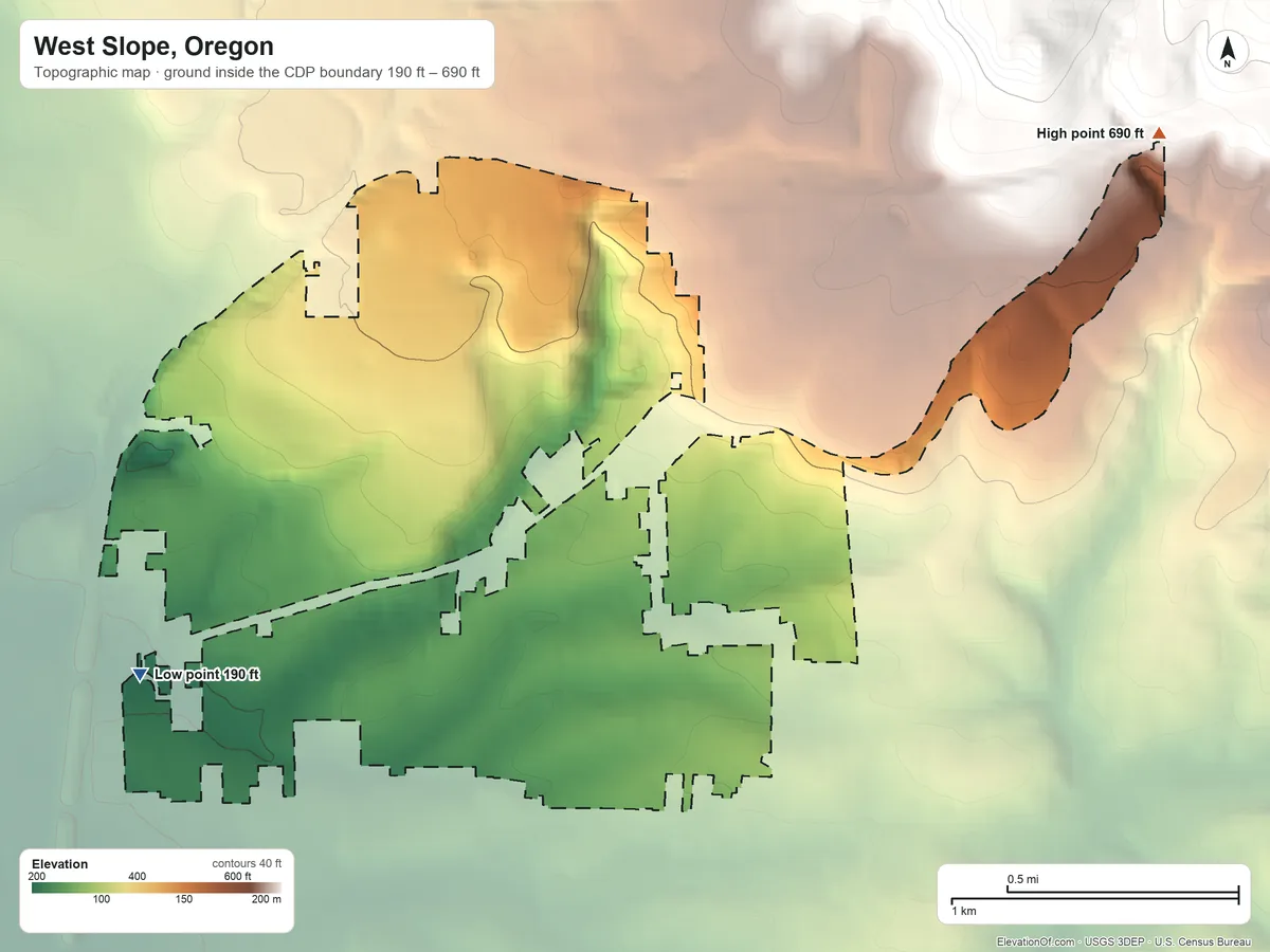 Topographic elevation map of West Slope, Oregon, shaded from 190 ft on the southwest side to 690 ft at the foot of the Tualatin Mountains