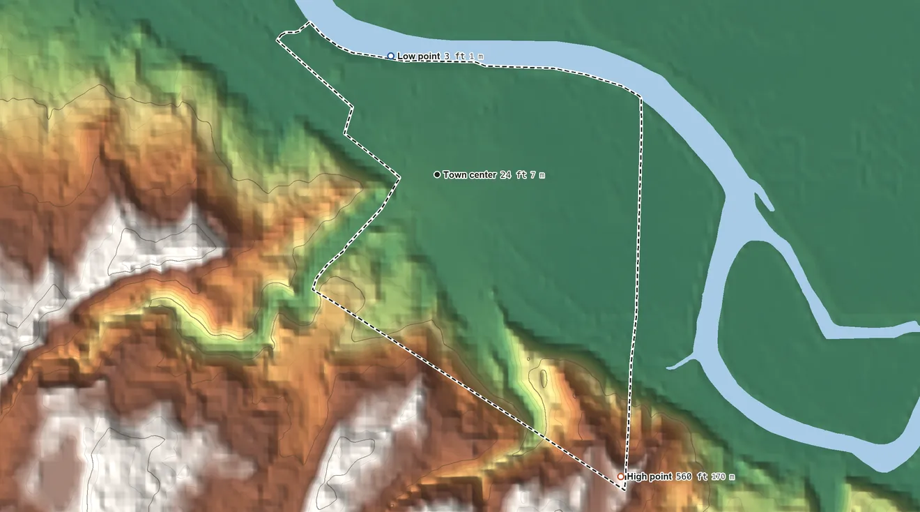 Topographic elevation map of Westport, Oregon, shaded from 3 ft on the north side to 560 ft on the southeast edge, below higher ground just outside