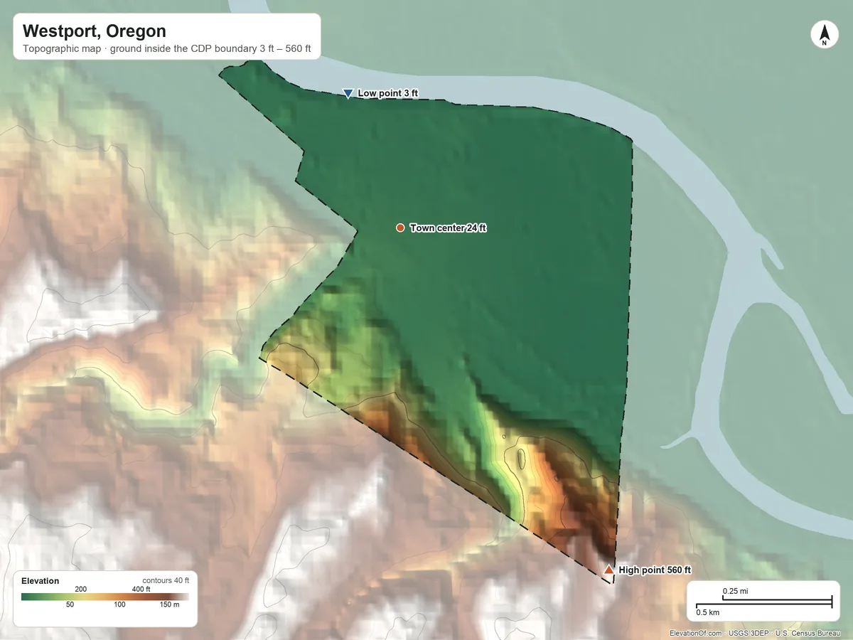 Topographic elevation map of Westport, Oregon, shaded from 3 ft on the north side to 560 ft on the southeast edge, below higher ground just outside