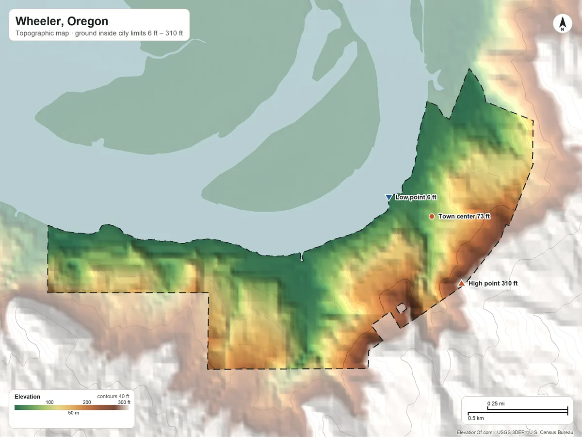 Topographic elevation map of Wheeler, Oregon, shaded from 6 ft near the middle to 310 ft on the southeast edge, below higher ground just outside