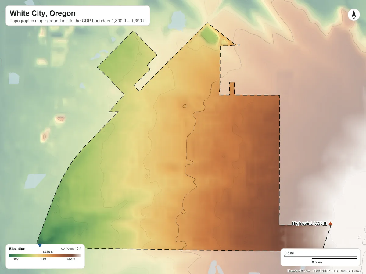 Topographic elevation map of White City, Oregon, shaded from 1,300 ft on the southwest side to 1,390 ft on the east edge, below higher ground just outside
