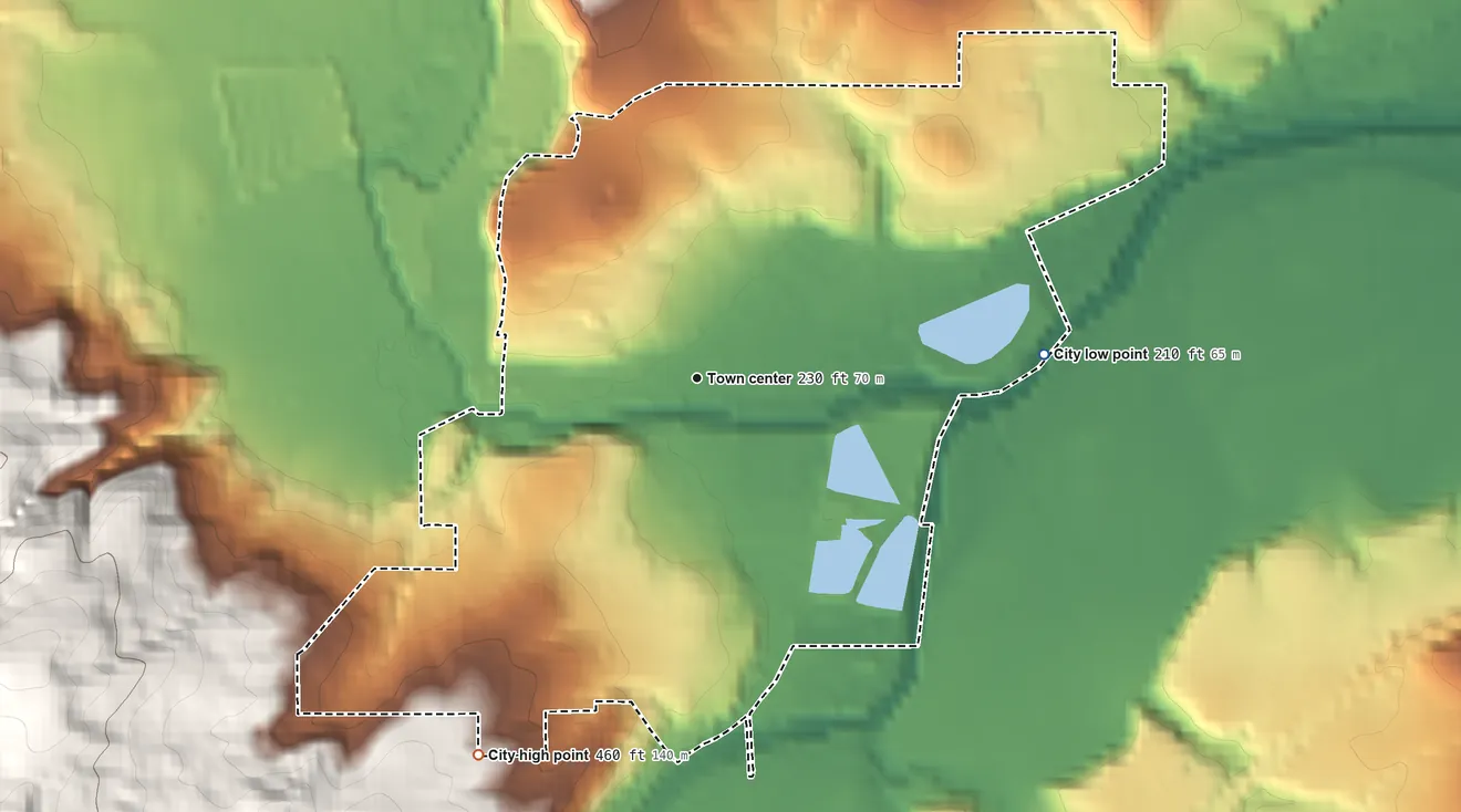 Topographic elevation map of Willamina, Oregon, shaded from 210 ft on the east side to 460 ft at the foot of the Amity Hills