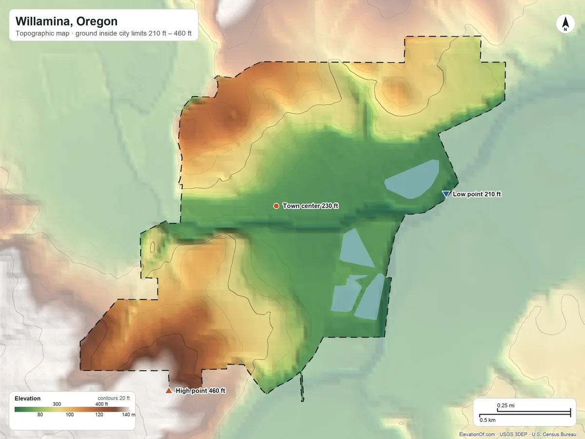 Topographic elevation map of Willamina, Oregon, shaded from 210 ft on the east side to 460 ft at the foot of the Amity Hills