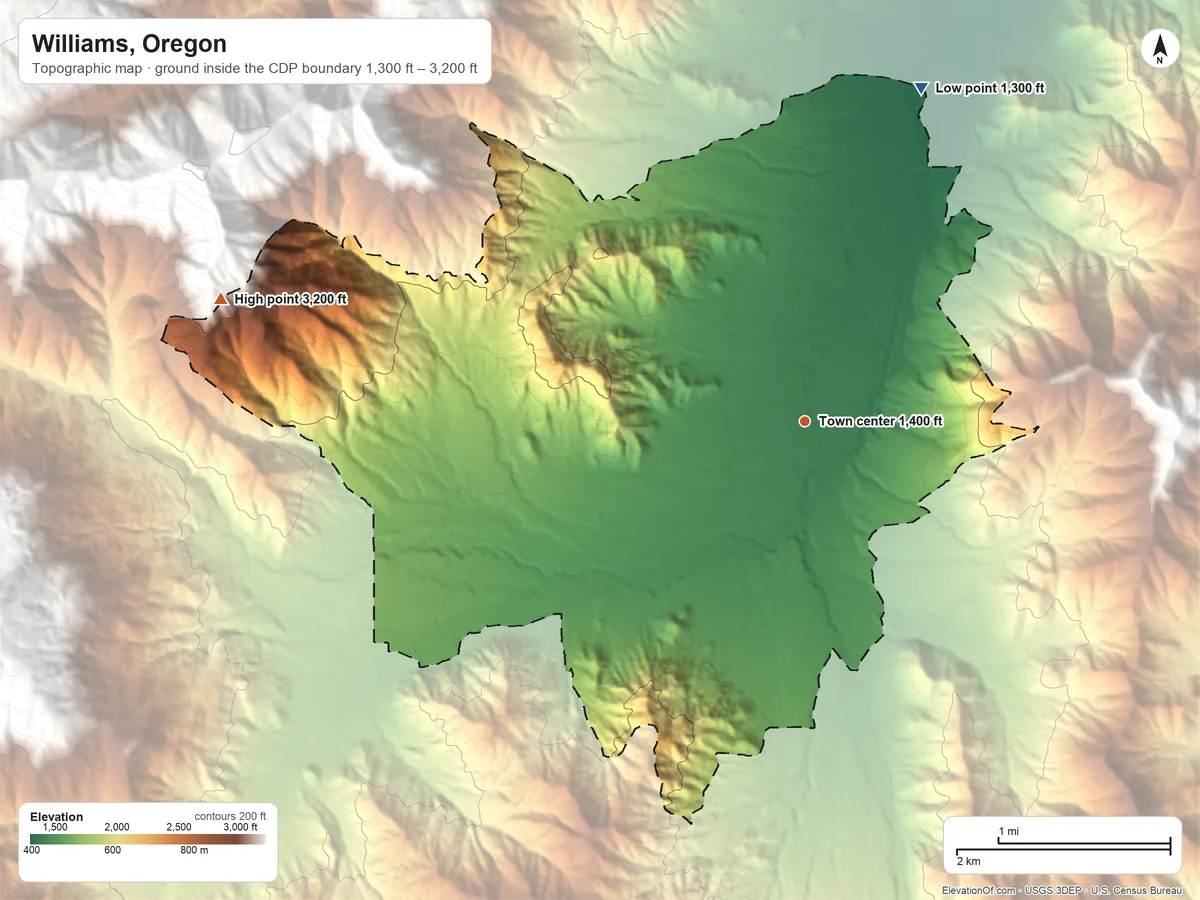 Topographic elevation map of Williams, Oregon, shaded from 1,300 ft on the north side to 3,200 ft on the west edge, below higher ground just outside