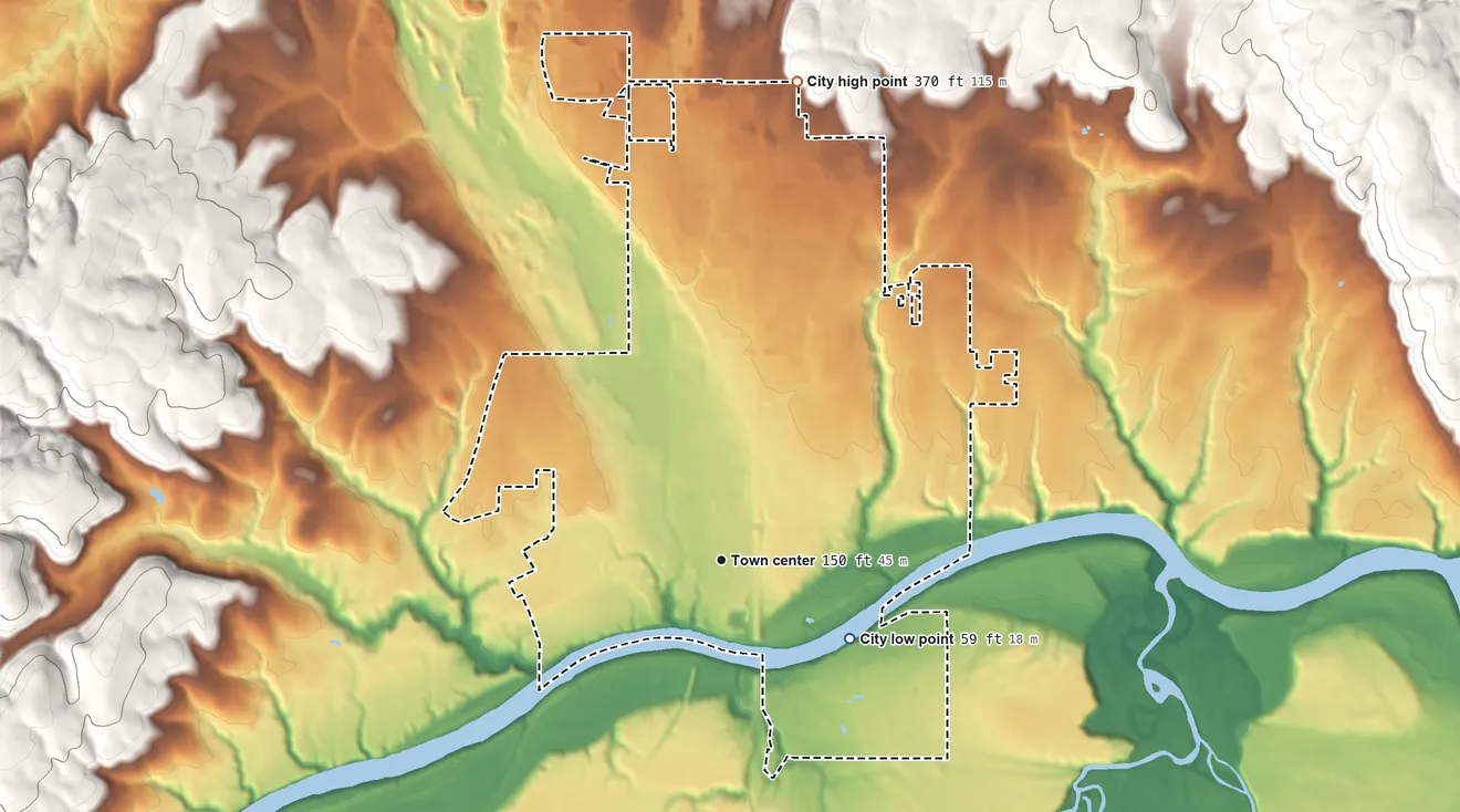 Topographic elevation map of Wilsonville, Oregon, shaded from 59 ft on the southeast side to 370 ft on the north side