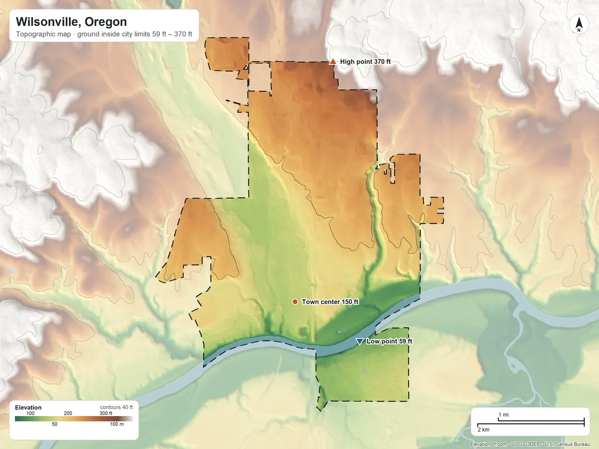 Topographic elevation map of Wilsonville, Oregon, shaded from 59 ft on the southeast side to 370 ft on the north side