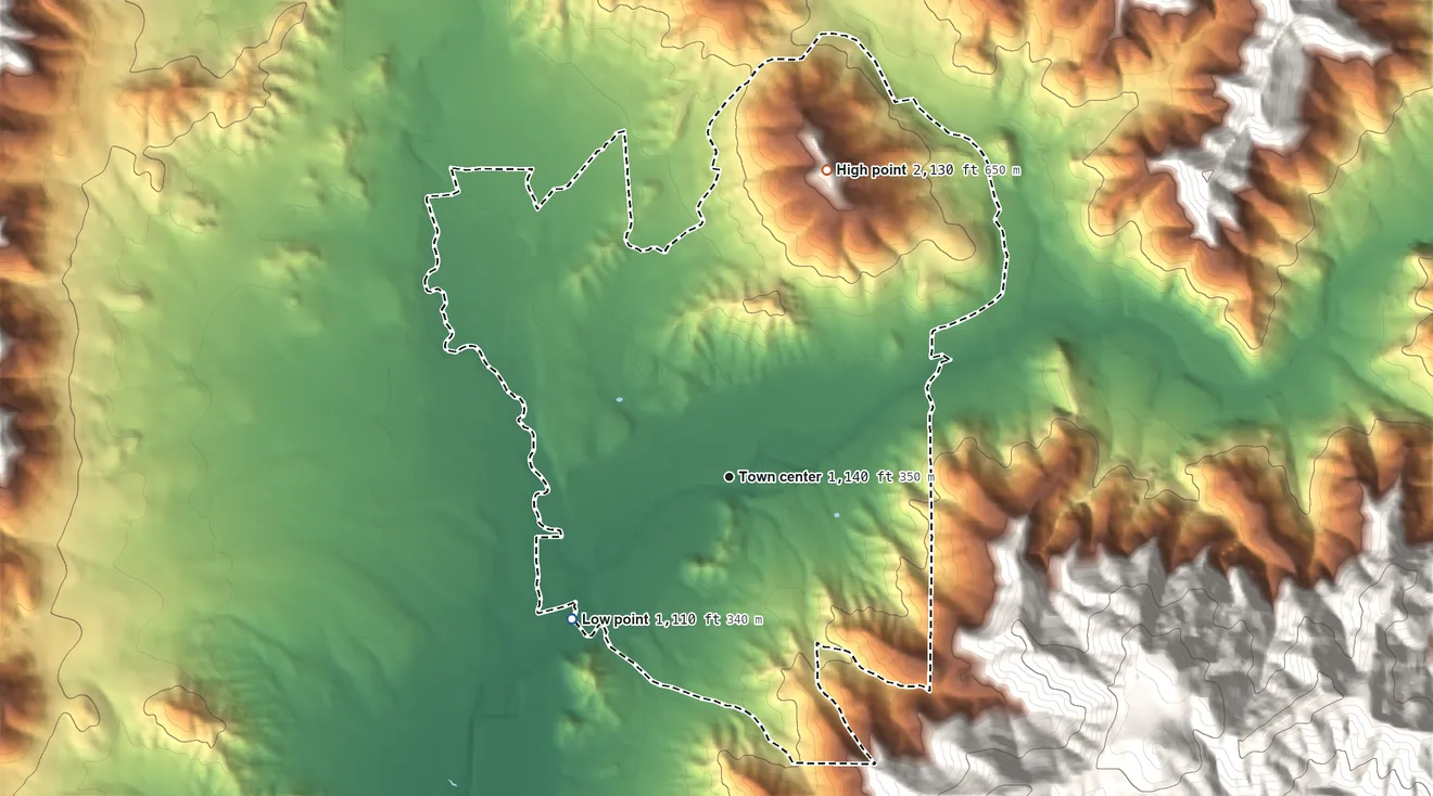 Topographic elevation map of Wimer, Oregon, shaded from 1,110 ft on the southwest side to 2,130 ft on the north edge, below higher ground just outside