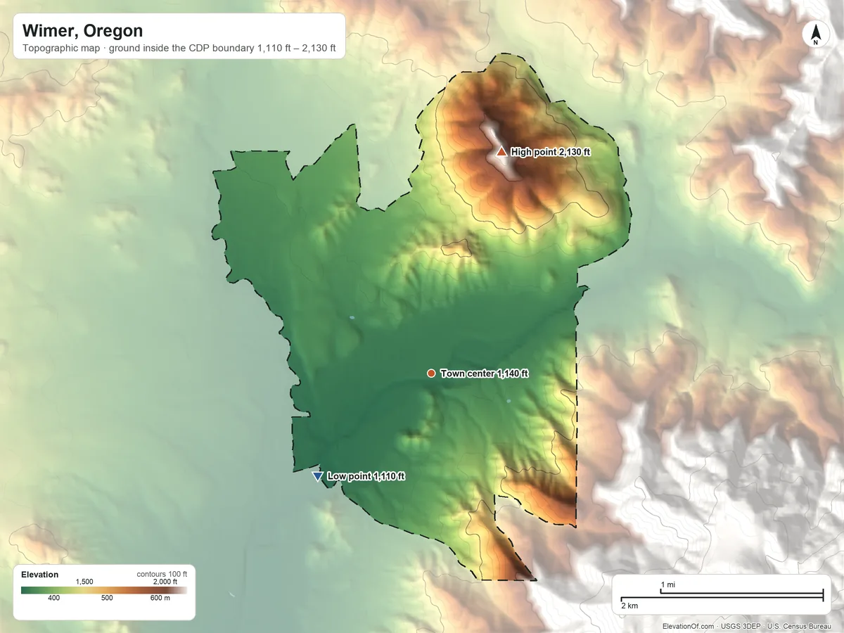 Topographic elevation map of Wimer, Oregon, shaded from 1,110 ft on the southwest side to 2,130 ft on the north edge, below higher ground just outside