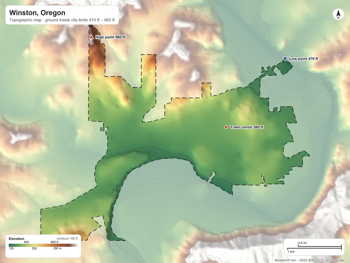 Topographic elevation map of Winston, Oregon, shaded from 470 ft on the northeast side to 960 ft on the northwest edge, below higher ground just outside