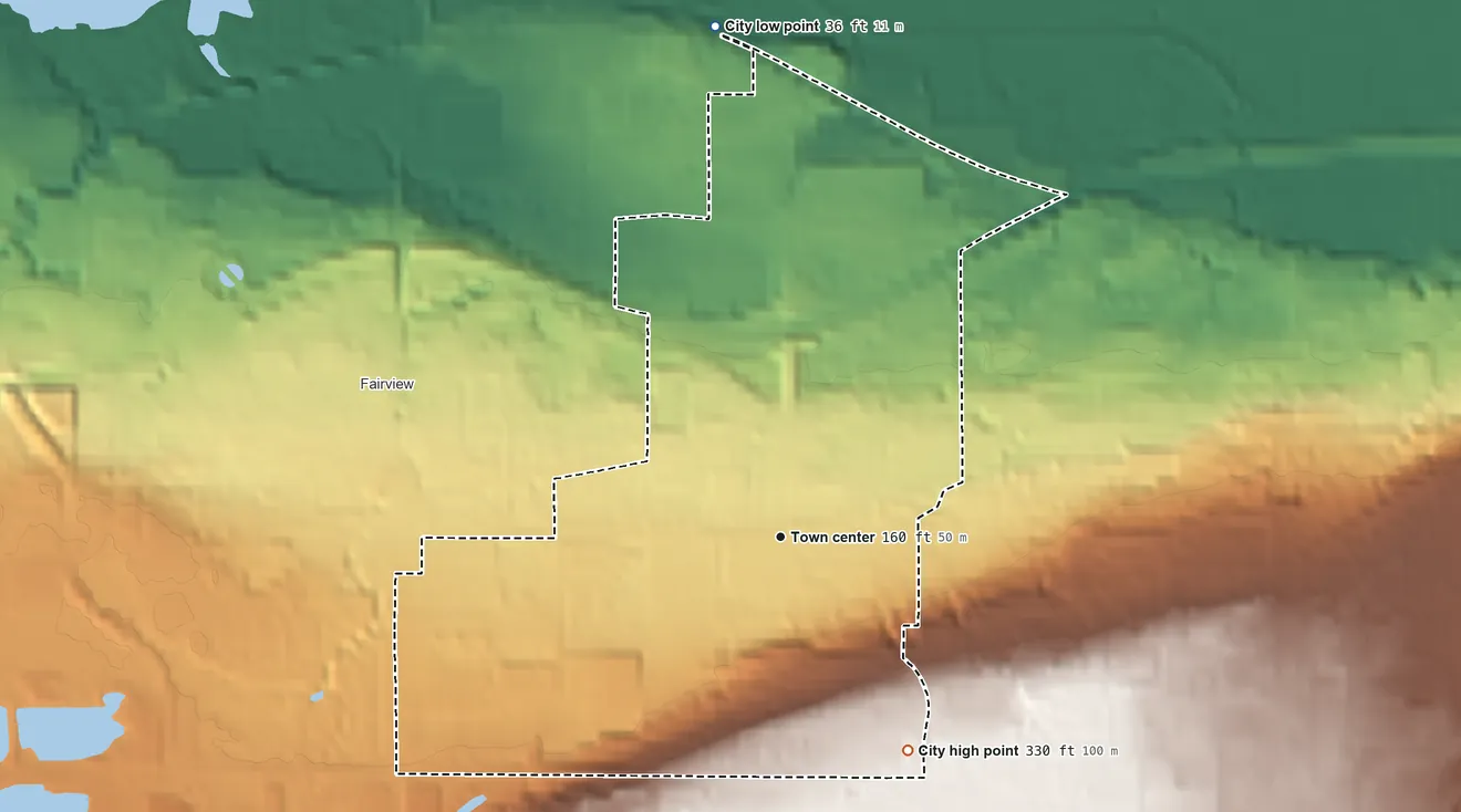 Topographic elevation map of Wood Village, Oregon, shaded from 36 ft on the north side to 330 ft on the southeast side