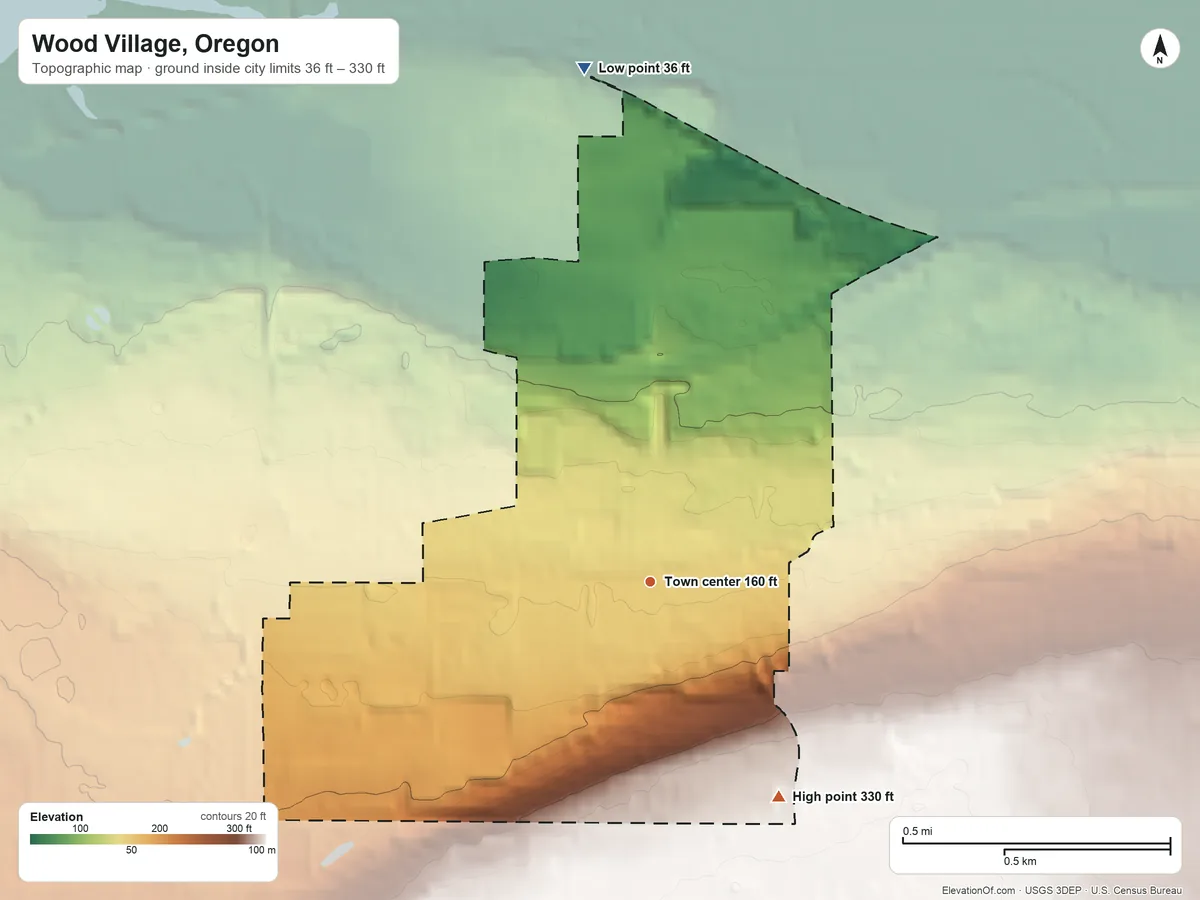 Topographic elevation map of Wood Village, Oregon, shaded from 36 ft on the north side to 330 ft on the southeast side