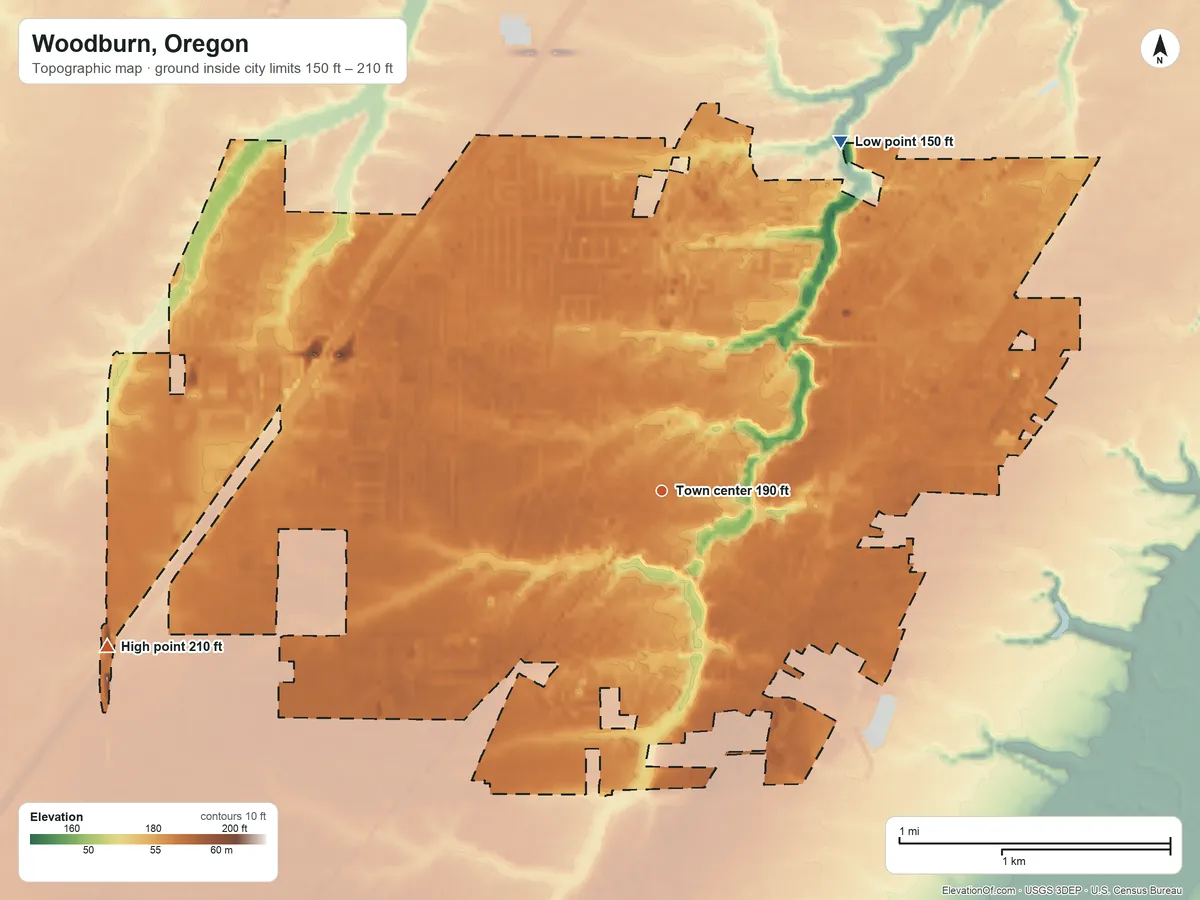 Topographic elevation map of Woodburn, Oregon, shaded from 150 ft on the northeast side to 210 ft on the west side