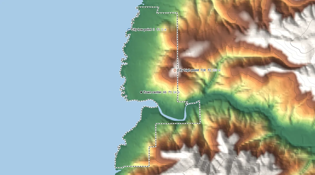 Topographic elevation map of Yachats, Oregon, shaded from 3 ft on the north side to 710 ft on the northeast edge, below higher ground just outside
