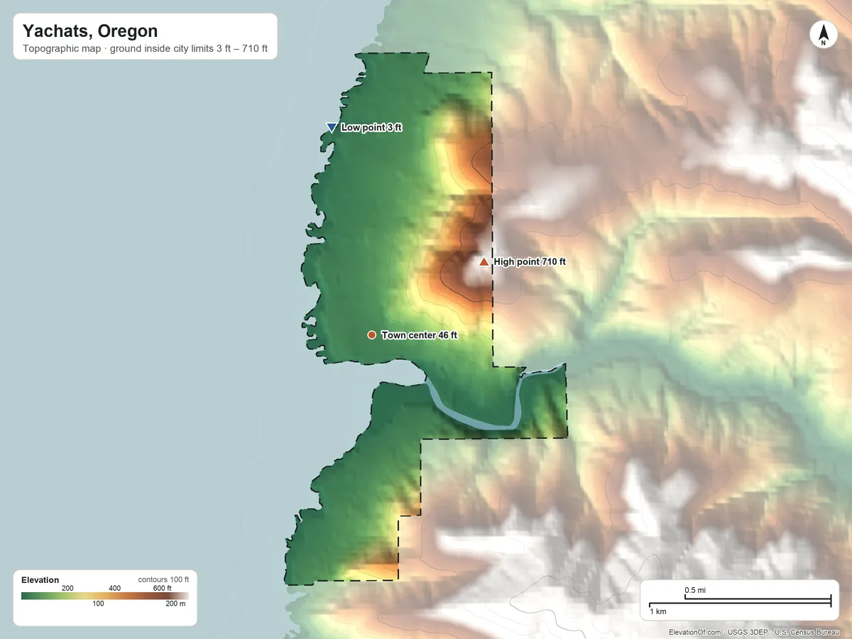 Topographic elevation map of Yachats, Oregon, shaded from 3 ft on the north side to 710 ft on the northeast edge, below higher ground just outside
