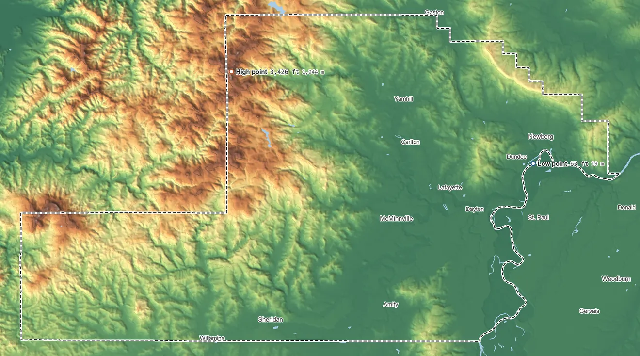 Topographic elevation map of Yamhill County, Oregon, shaded from 63 ft on the east side to 3,426 ft on Trask Mountain
