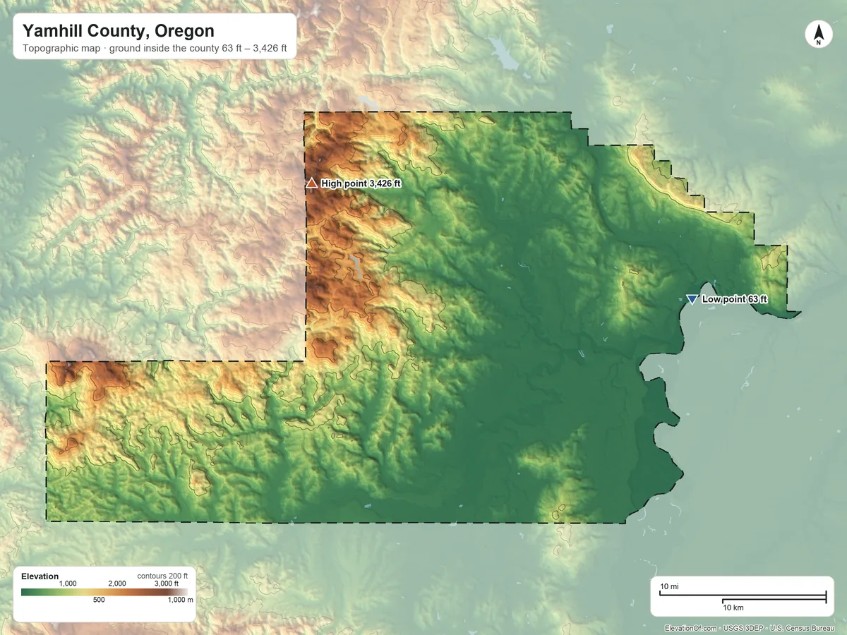 Topographic elevation map of Yamhill County, Oregon, shaded from 63 ft on the east side to 3,426 ft on Trask Mountain