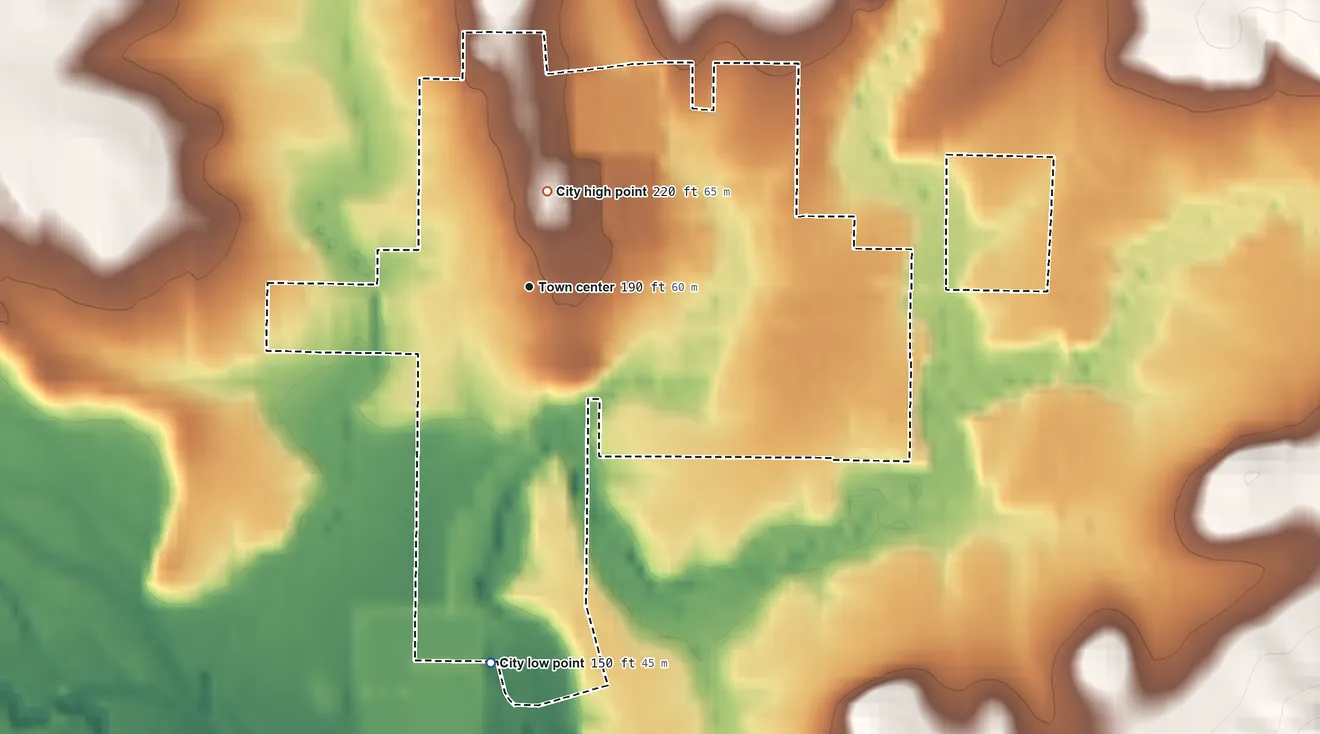 Topographic elevation map of Yamhill, Oregon, shaded from 150 ft on the south side to 220 ft at the foot of the Red Hills of Dundee