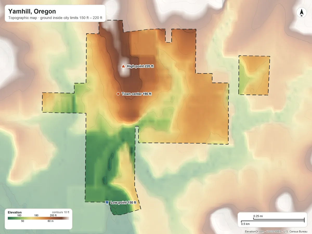 Topographic elevation map of Yamhill, Oregon, shaded from 150 ft on the south side to 220 ft at the foot of the Red Hills of Dundee