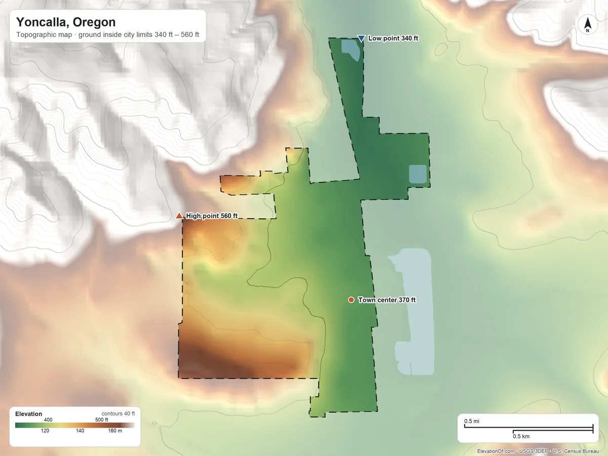 Topographic elevation map of Yoncalla, Oregon, shaded from 340 ft on the north side to 560 ft on the northwest edge, below higher ground just outside