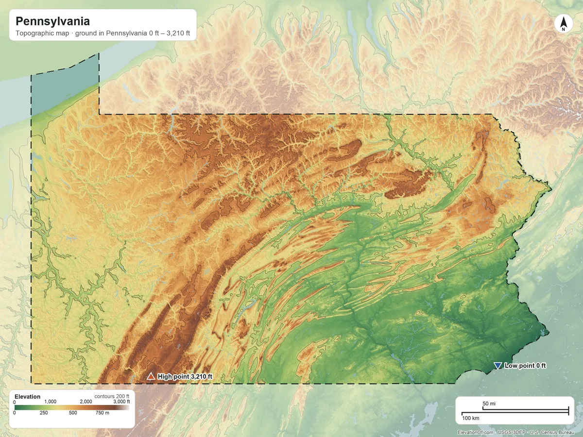 Topographic elevation map of Pennsylvania, shaded from 0 ft on the southeast side to 3,210 ft on Mount Davis