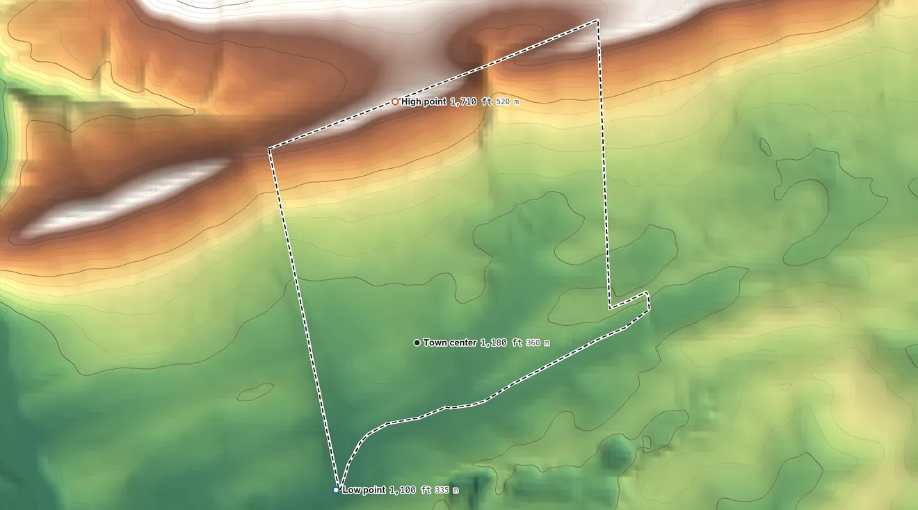 Topographic elevation map of Aaronsburg, Pennsylvania, shaded from 1,100 ft on the southwest side to 1,710 ft on the north edge, below higher ground just outside