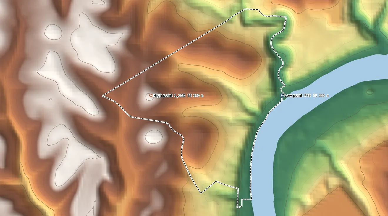 Topographic elevation map of Aaronsburg, Washington County, Pennsylvania, shaded from 770 ft on the northeast side to 1,210 ft on the northwest side