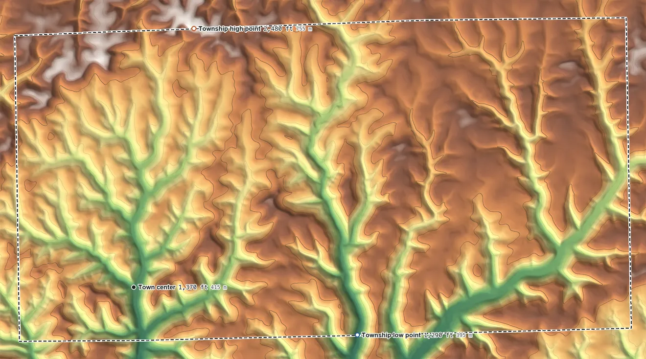 Topographic elevation map of Abbott Township, Pennsylvania, shaded from 1,290 ft on the east side to 2,480 ft on the north edge, below higher ground just outside