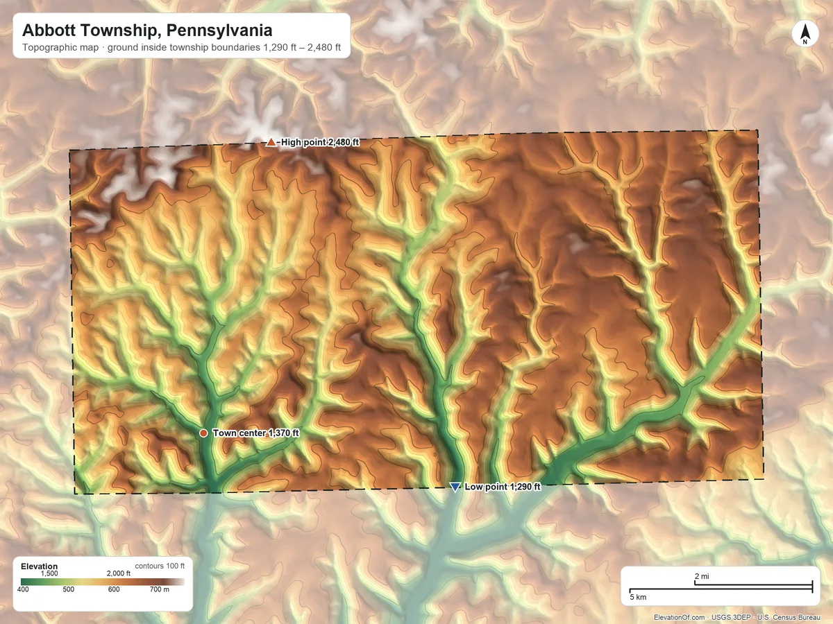 Topographic elevation map of Abbott Township, Pennsylvania, shaded from 1,290 ft on the east side to 2,480 ft on the north edge, below higher ground just outside