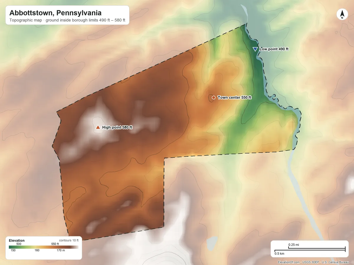Topographic elevation map of Abbottstown, Pennsylvania, shaded from 490 ft on the northeast side to 580 ft at the foot of the Pigeon Hills