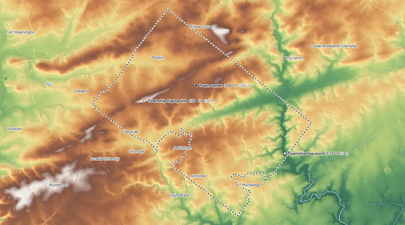 Topographic elevation map of Abington Township, Pennsylvania, shaded from 83 ft on the southeast side to 430 ft on the west side