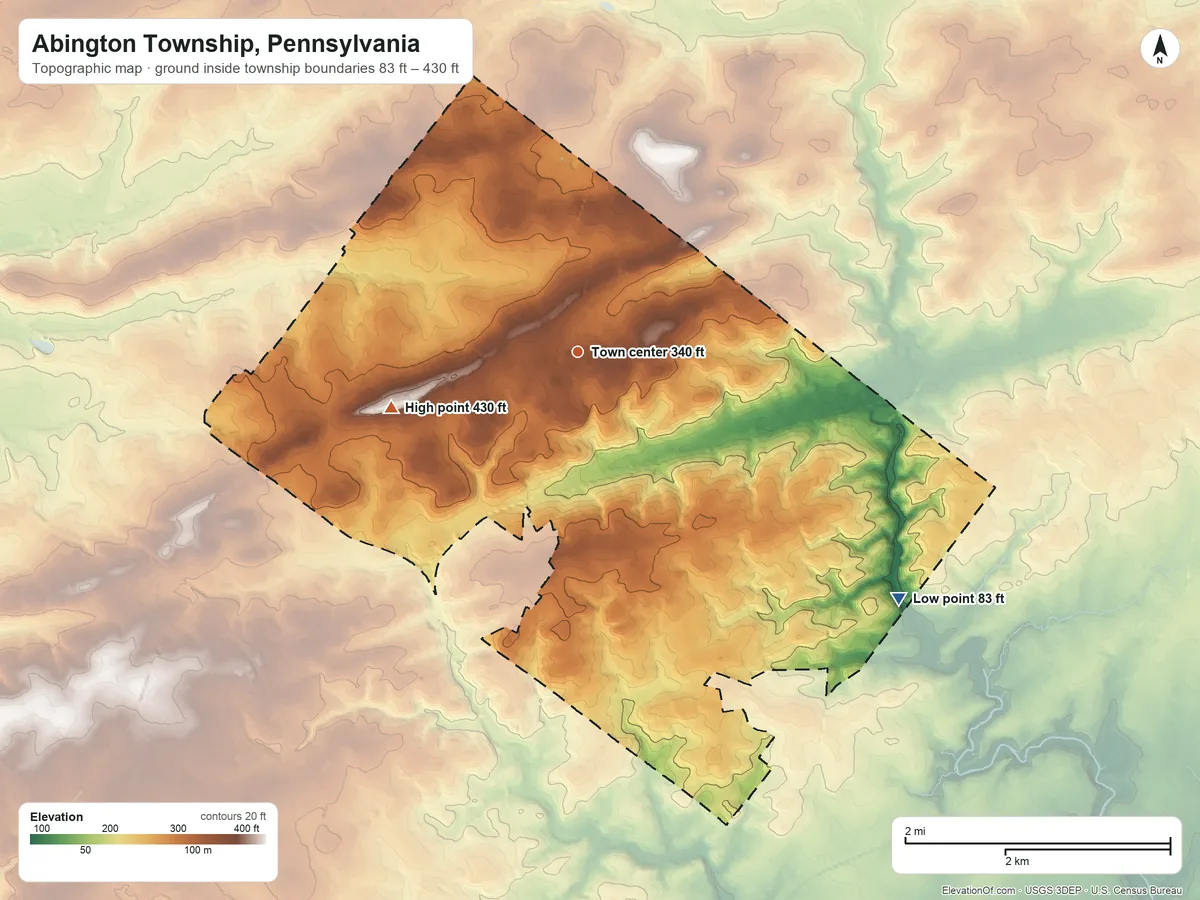 Topographic elevation map of Abington Township, Pennsylvania, shaded from 83 ft on the southeast side to 430 ft on the west side