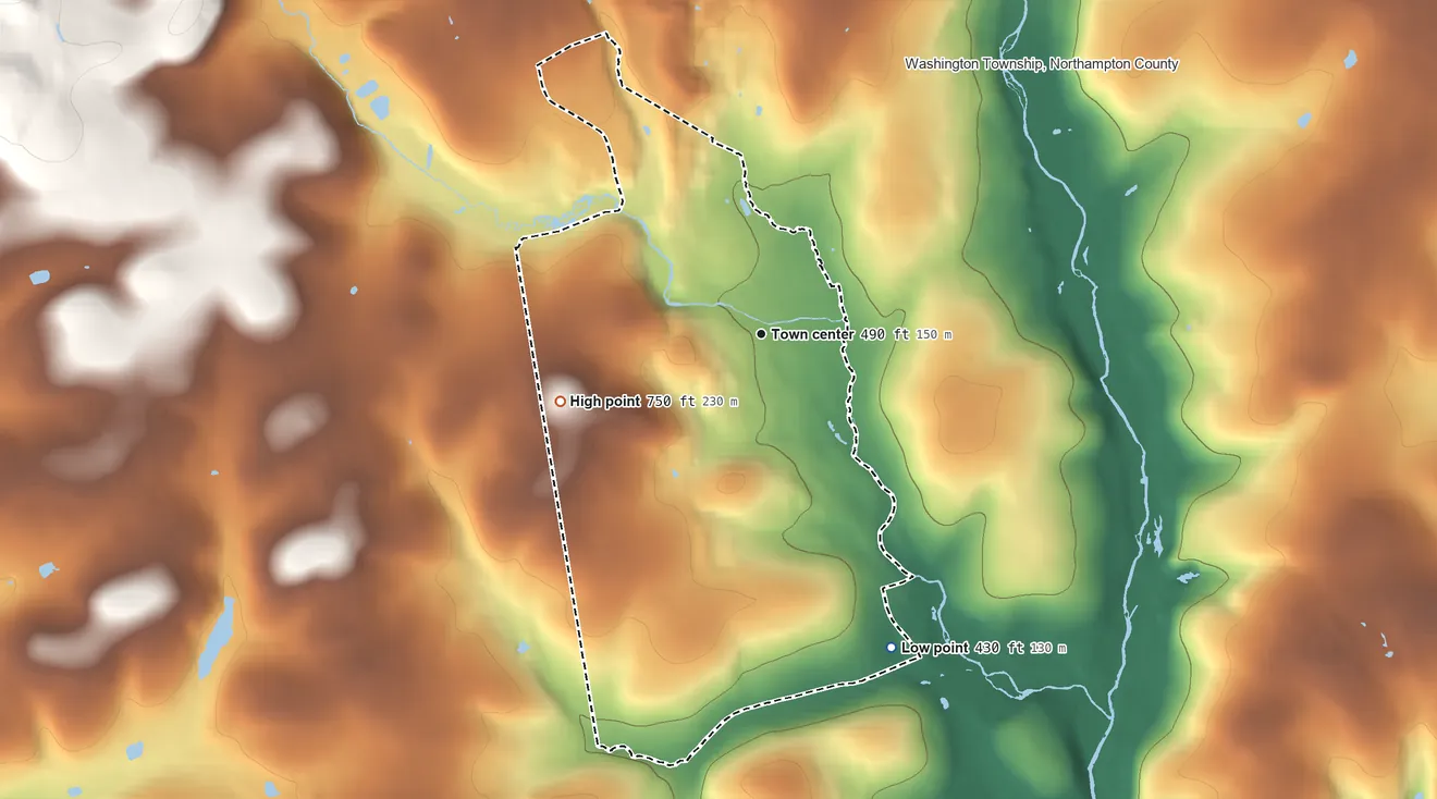 Topographic elevation map of Ackermanville, Pennsylvania, shaded from 430 ft on the southeast side to 750 ft on the west side