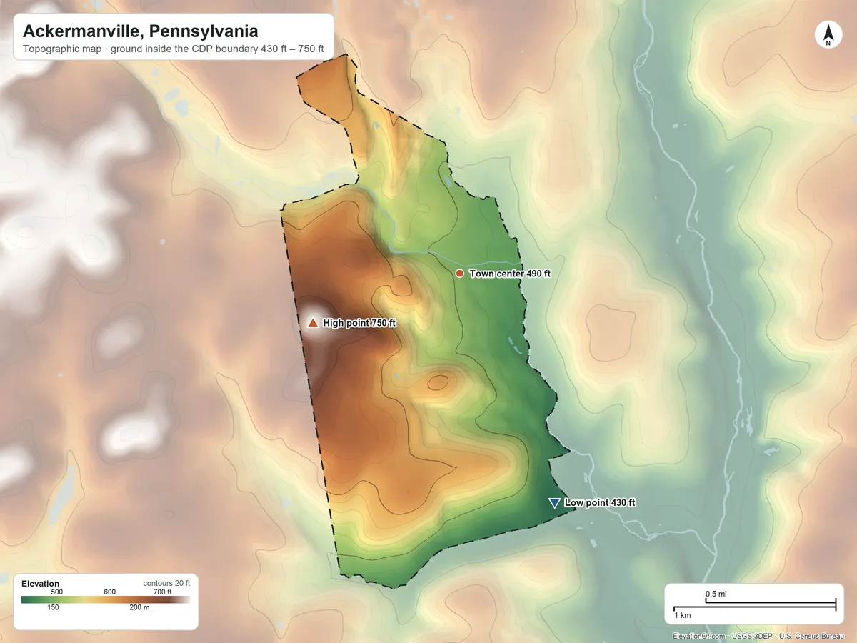 Topographic elevation map of Ackermanville, Pennsylvania, shaded from 430 ft on the southeast side to 750 ft on the west side