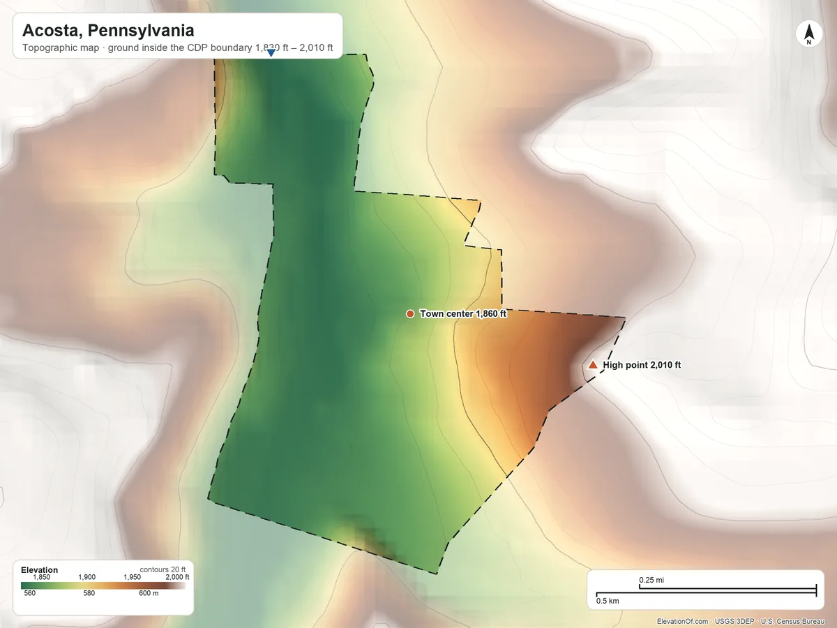 Topographic elevation map of Acosta, Pennsylvania, shaded from 1,830 ft on the northwest side to 2,010 ft on the east side