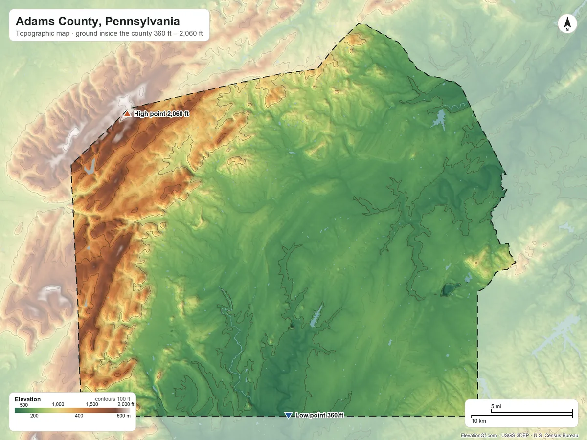 Topographic elevation map of Adams County, Pennsylvania, shaded from 360 ft on the south side to 2,060 ft on the northwest side