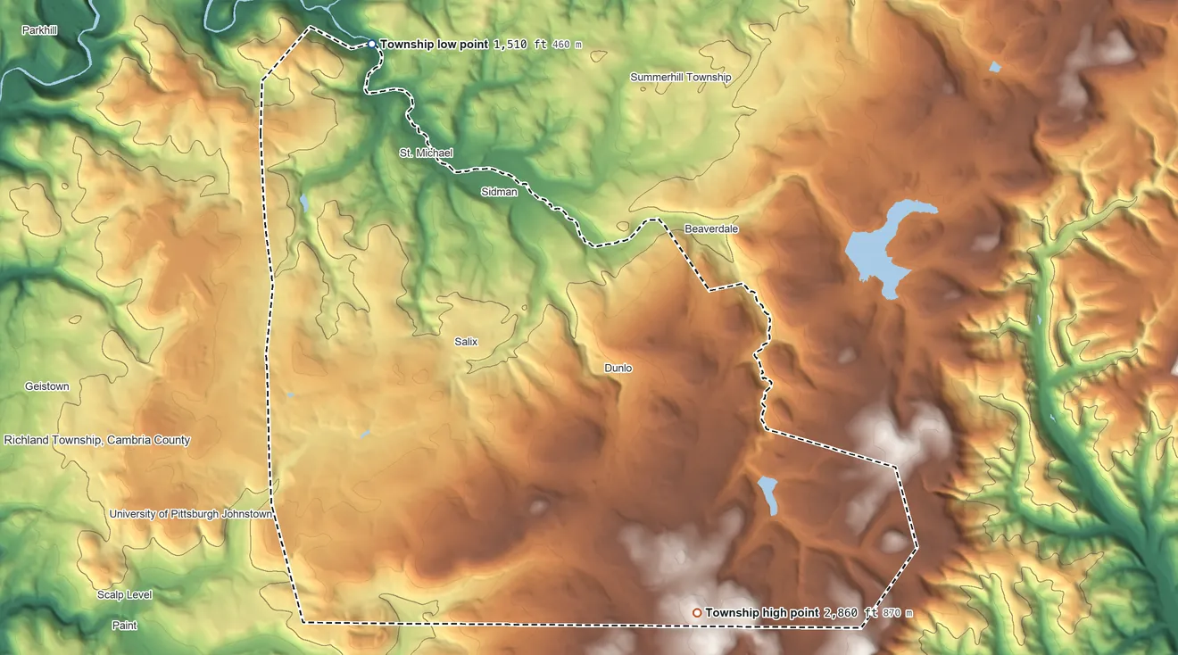 Topographic elevation map of Adams Township, Cambria County, Pennsylvania, shaded from 1,510 ft on the north side to 2,860 ft on the southeast side