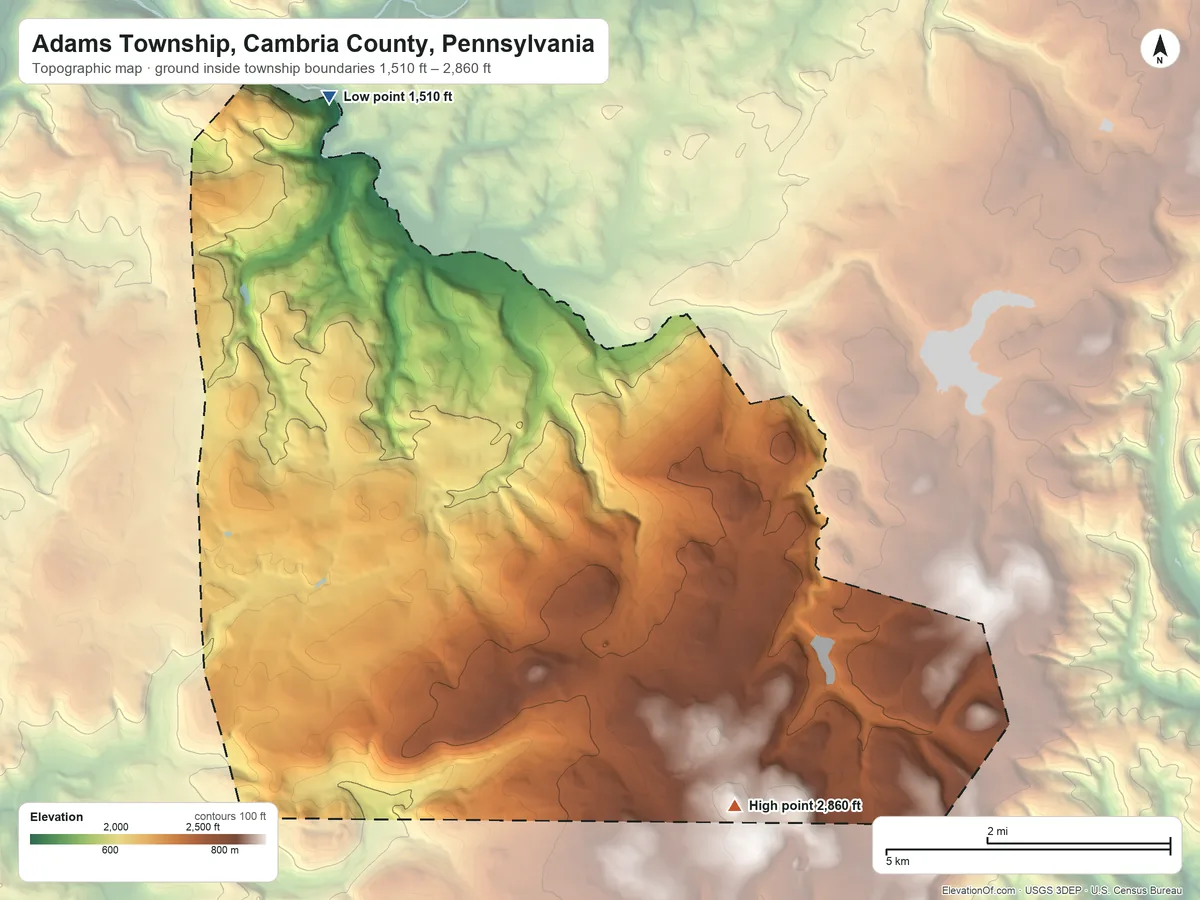 Topographic elevation map of Adams Township, Cambria County, Pennsylvania, shaded from 1,510 ft on the north side to 2,860 ft on the southeast side