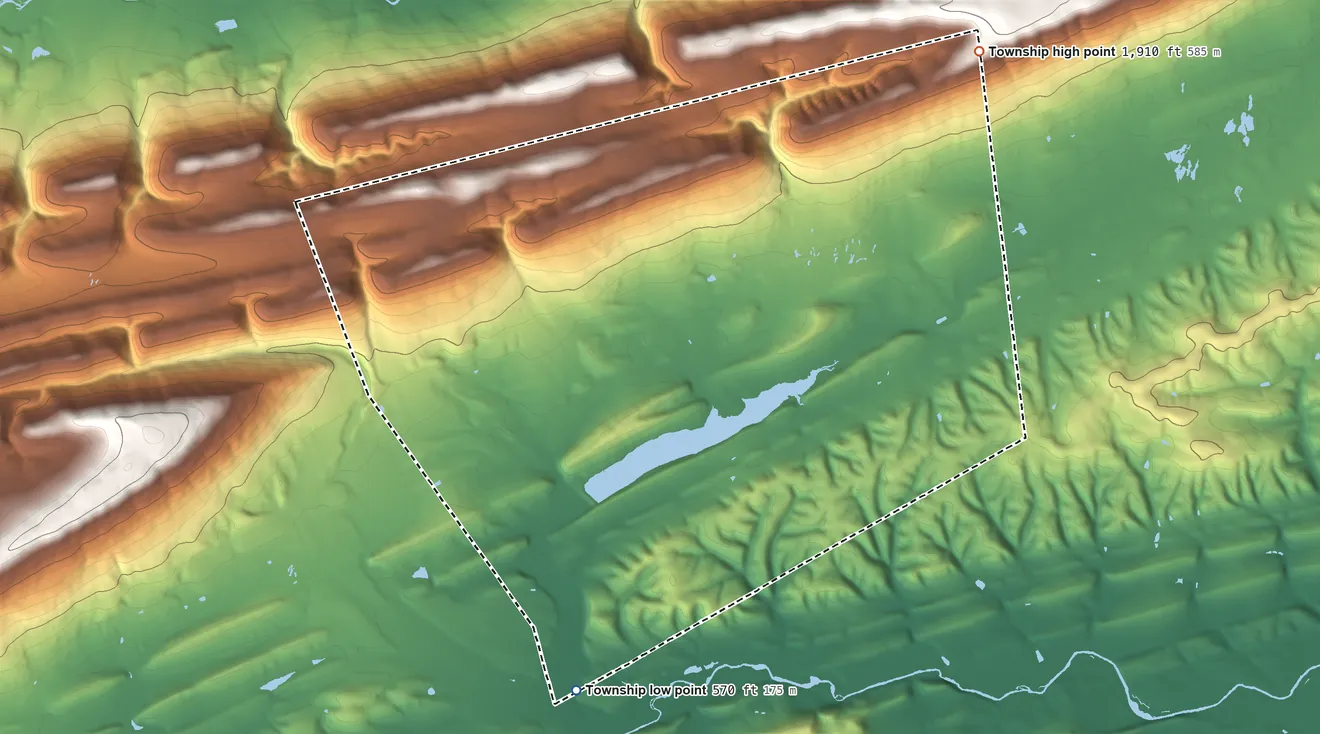 Topographic elevation map of Adams Township, Snyder County, Pennsylvania, shaded from 570 ft on the south side to 1,910 ft on the northeast side