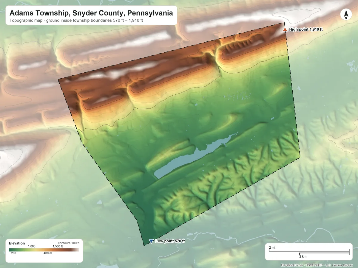 Topographic elevation map of Adams Township, Snyder County, Pennsylvania, shaded from 570 ft on the south side to 1,910 ft on the northeast side
