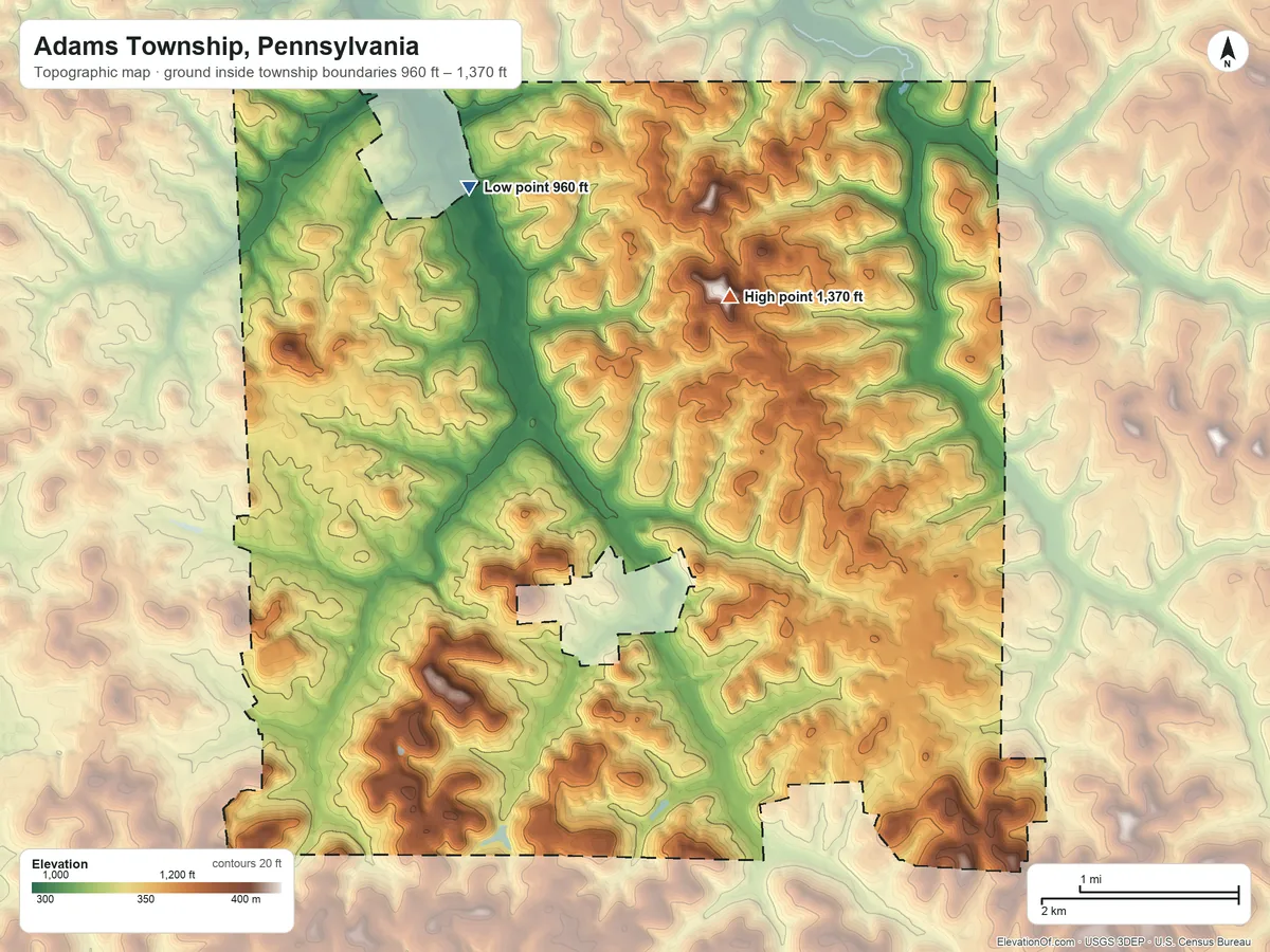 Topographic elevation map of Adams Township, Pennsylvania, shaded from 960 ft on the north side to 1,370 ft on the northeast side