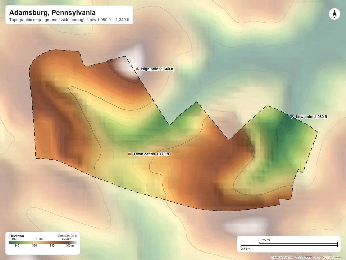 Topographic elevation map of Adamsburg, Pennsylvania, shaded from 1,080 ft on the east side to 1,340 ft on the north side