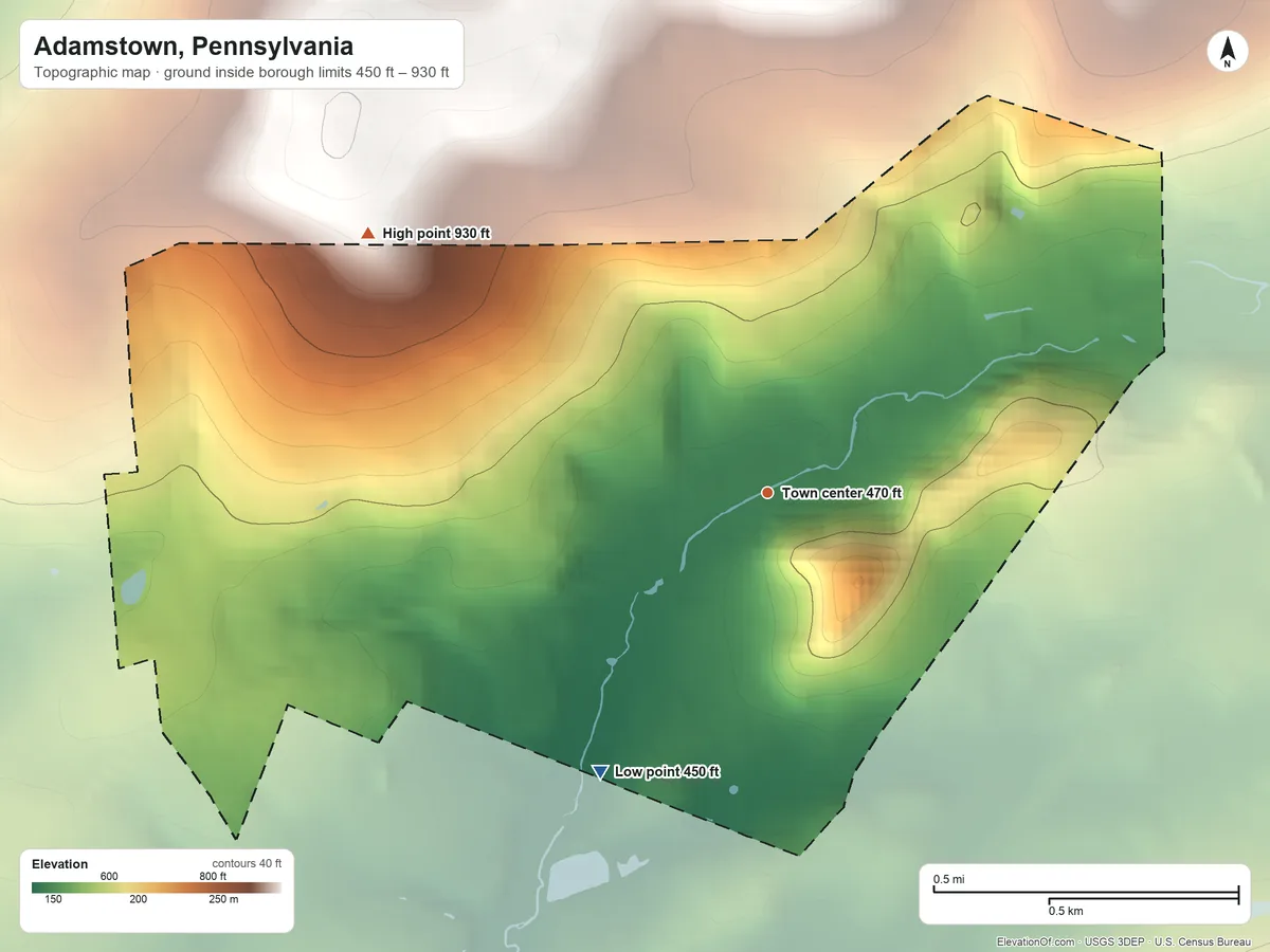 Topographic elevation map of Adamstown, Pennsylvania, shaded from 450 ft on the southwest side to 930 ft on the northwest side